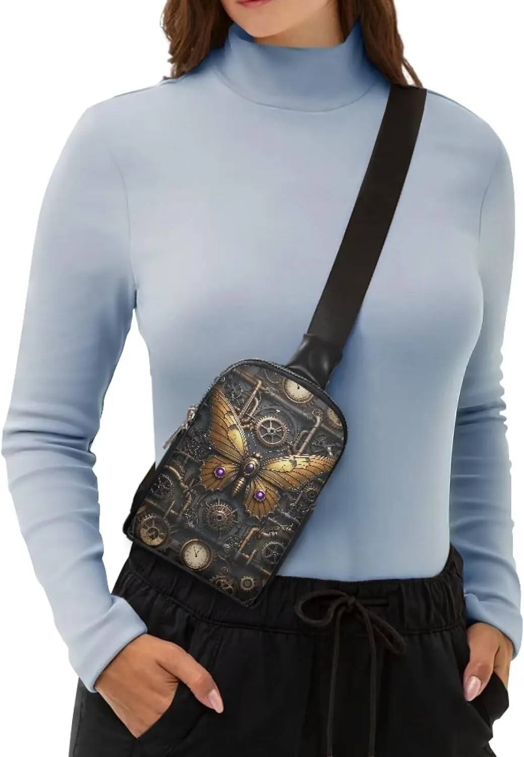 Steampunk Crossbody Bags for Women PU Leather Sling Bag, Mechanical Robotic Gears Chest Bags for Travel Running