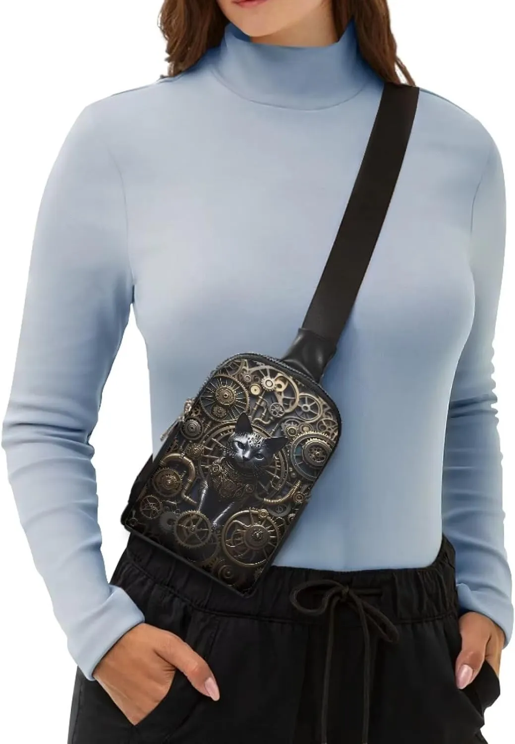 Steampunk Crossbody Bags for Women PU Leather Sling Bag, Mechanical Robotic Gears Chest Bags for Travel Running