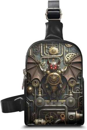 Steampunk Crossbody Bags for Women PU Leather Sling Bag, Mechanical Robotic Gears Chest Bags for Travel Running