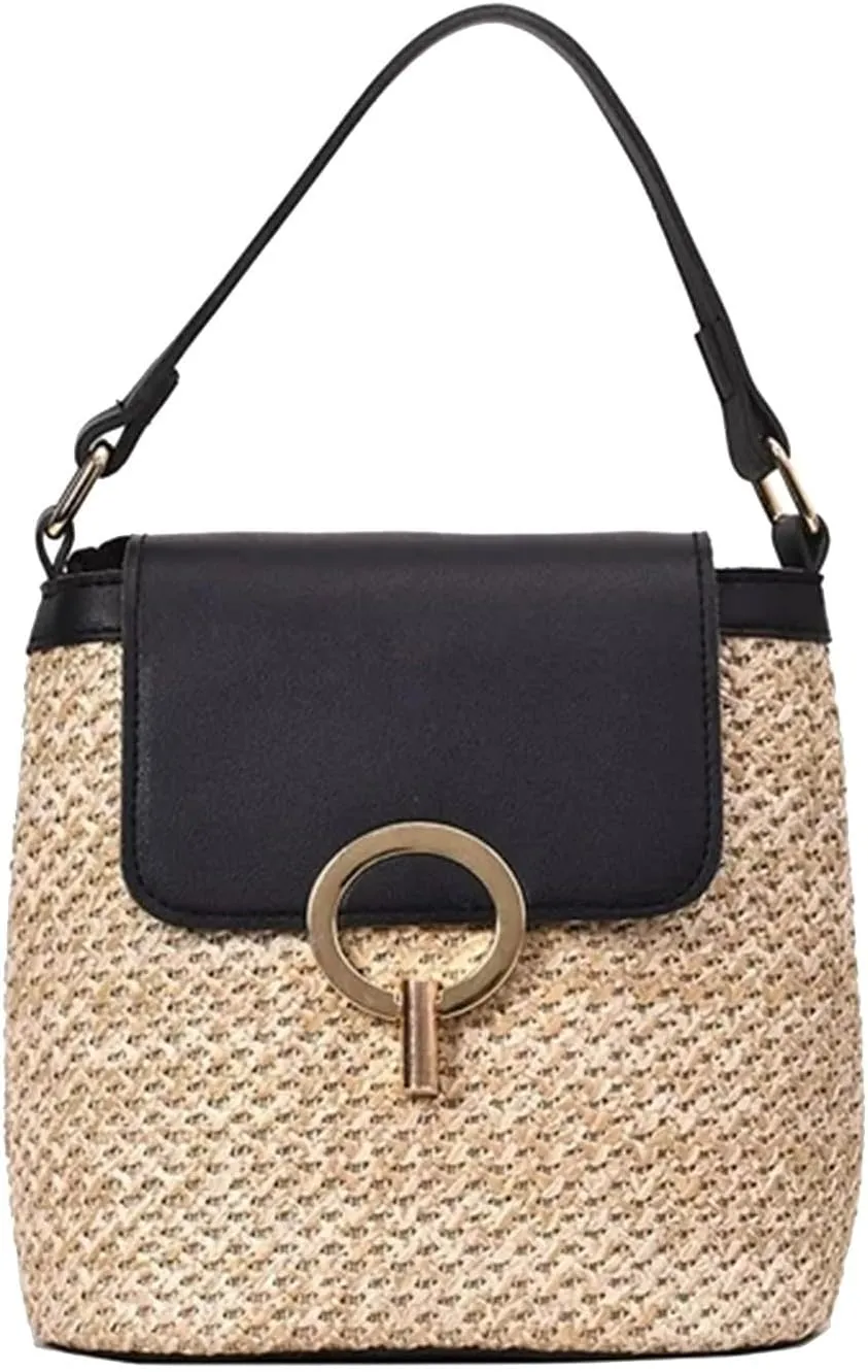 Straw Weave Women Ladies Bucket Handbags Summer Beach Shoulder Bags Large Tote Bag with Pockets And (A, One Size)