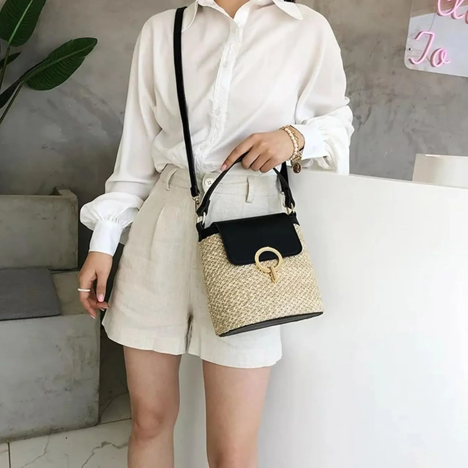 Straw Weave Women Ladies Bucket Handbags Summer Beach Shoulder Bags Large Tote Bag with Pockets And (A, One Size)