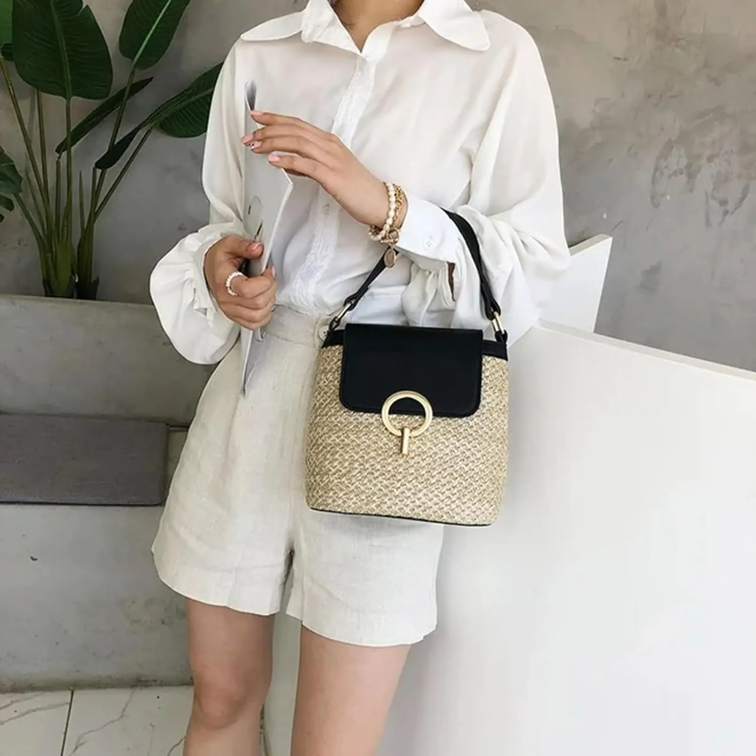 Straw Weave Women Ladies Bucket Handbags Summer Beach Shoulder Bags Large Tote Bag with Pockets And (A, One Size)