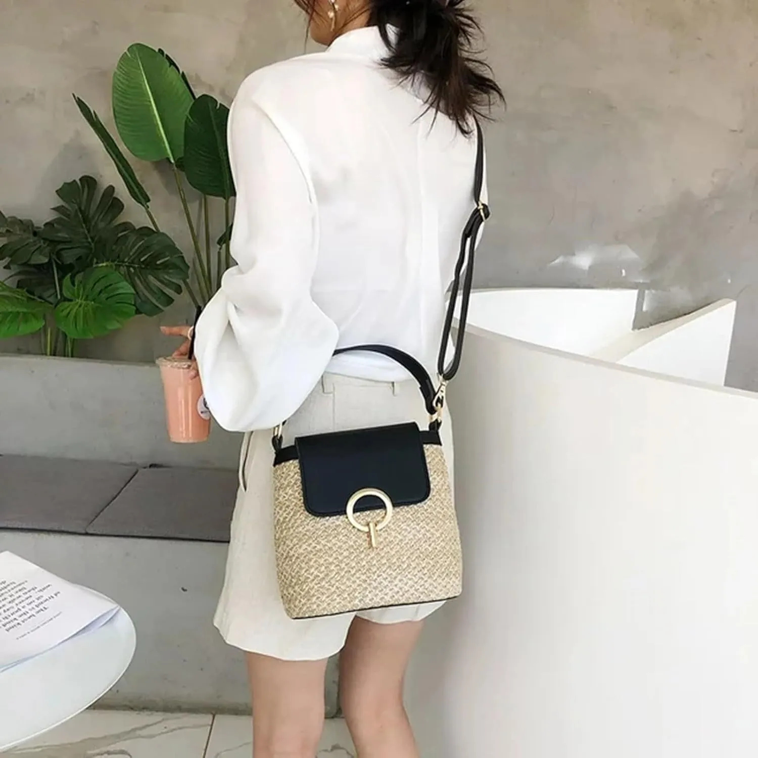 Straw Weave Women Ladies Bucket Handbags Summer Beach Shoulder Bags Large Tote Bag with Pockets And (A, One Size)