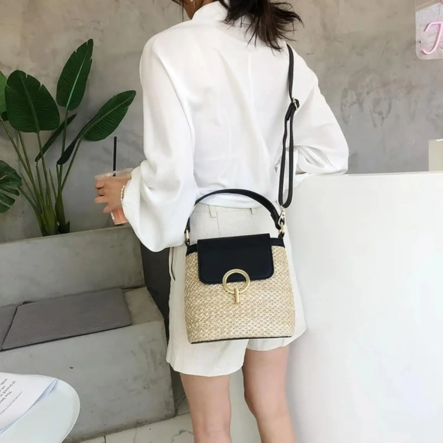 Straw Weave Women Ladies Bucket Handbags Summer Beach Shoulder Bags Large Tote Bag with Pockets And (A, One Size)