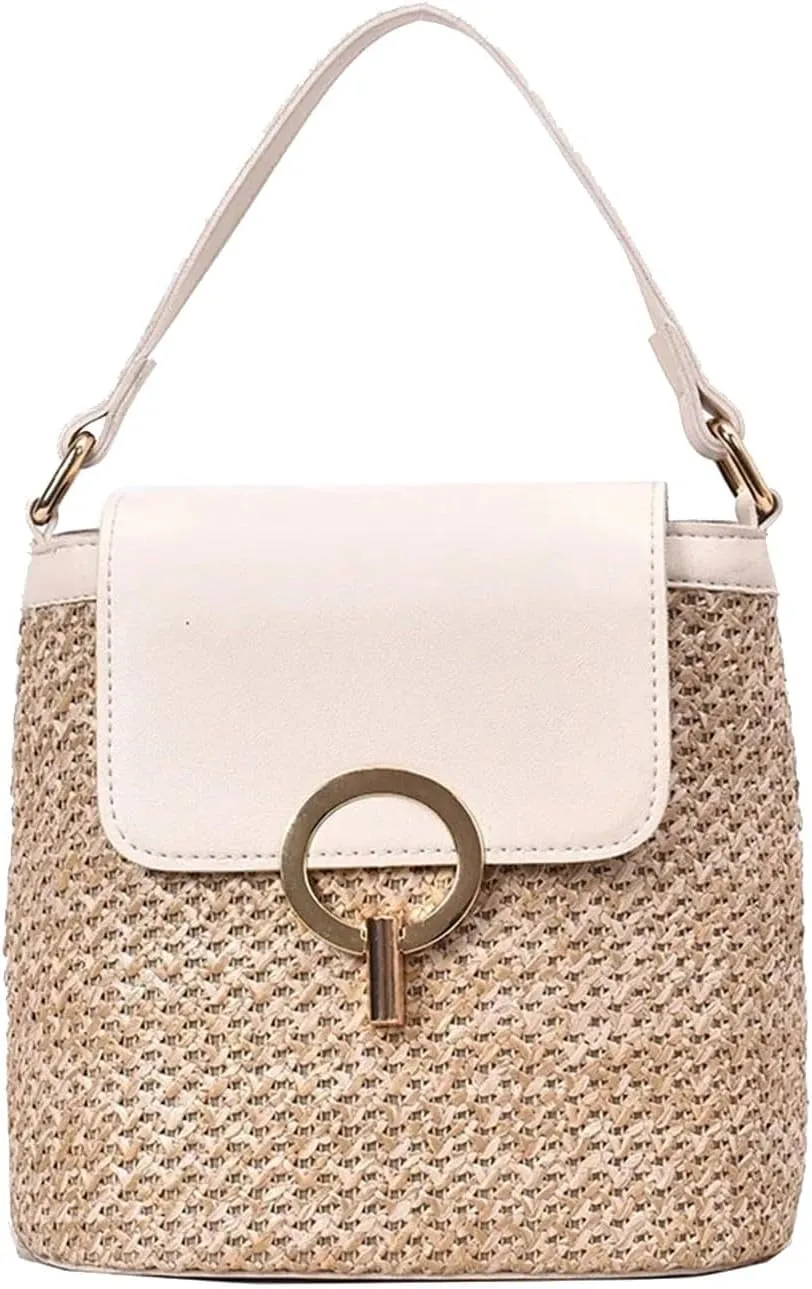 Straw Weave Women Ladies Bucket Handbags Summer Beach Shoulder Bags Large Tote Bag with Pockets And (B, One Size)
