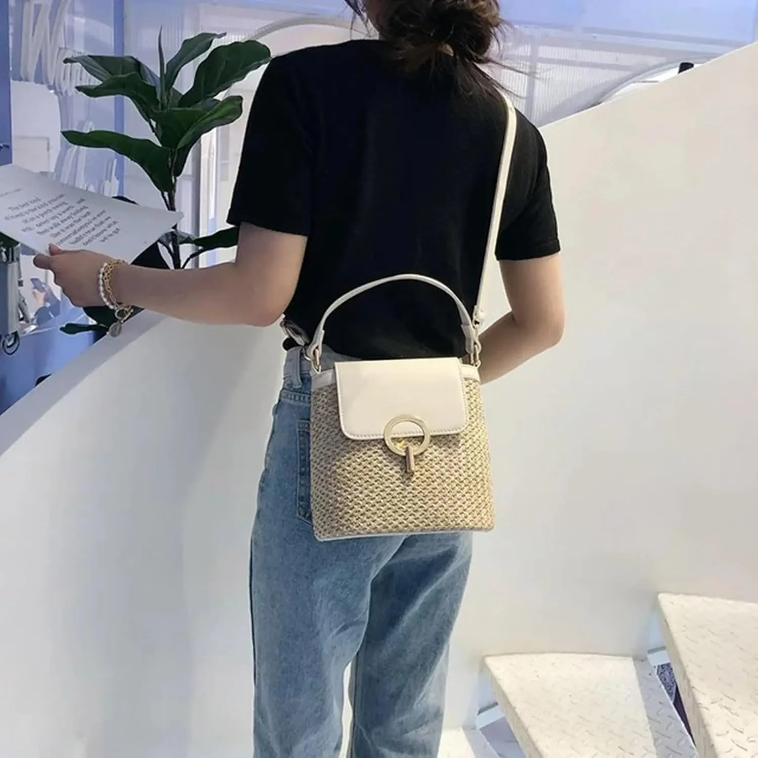 Straw Weave Women Ladies Bucket Handbags Summer Beach Shoulder Bags Large Tote Bag with Pockets And (B, One Size)