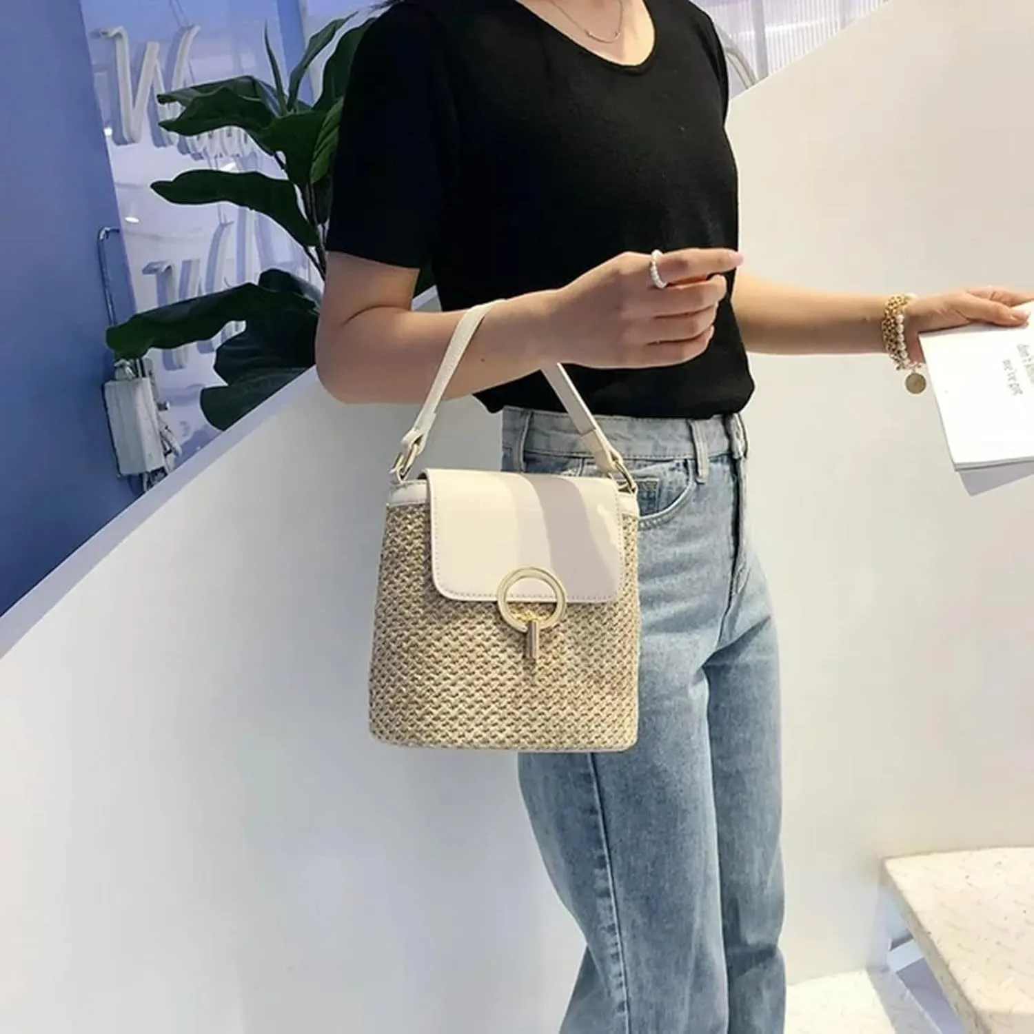 Straw Weave Women Ladies Bucket Handbags Summer Beach Shoulder Bags Large Tote Bag with Pockets And (B, One Size)