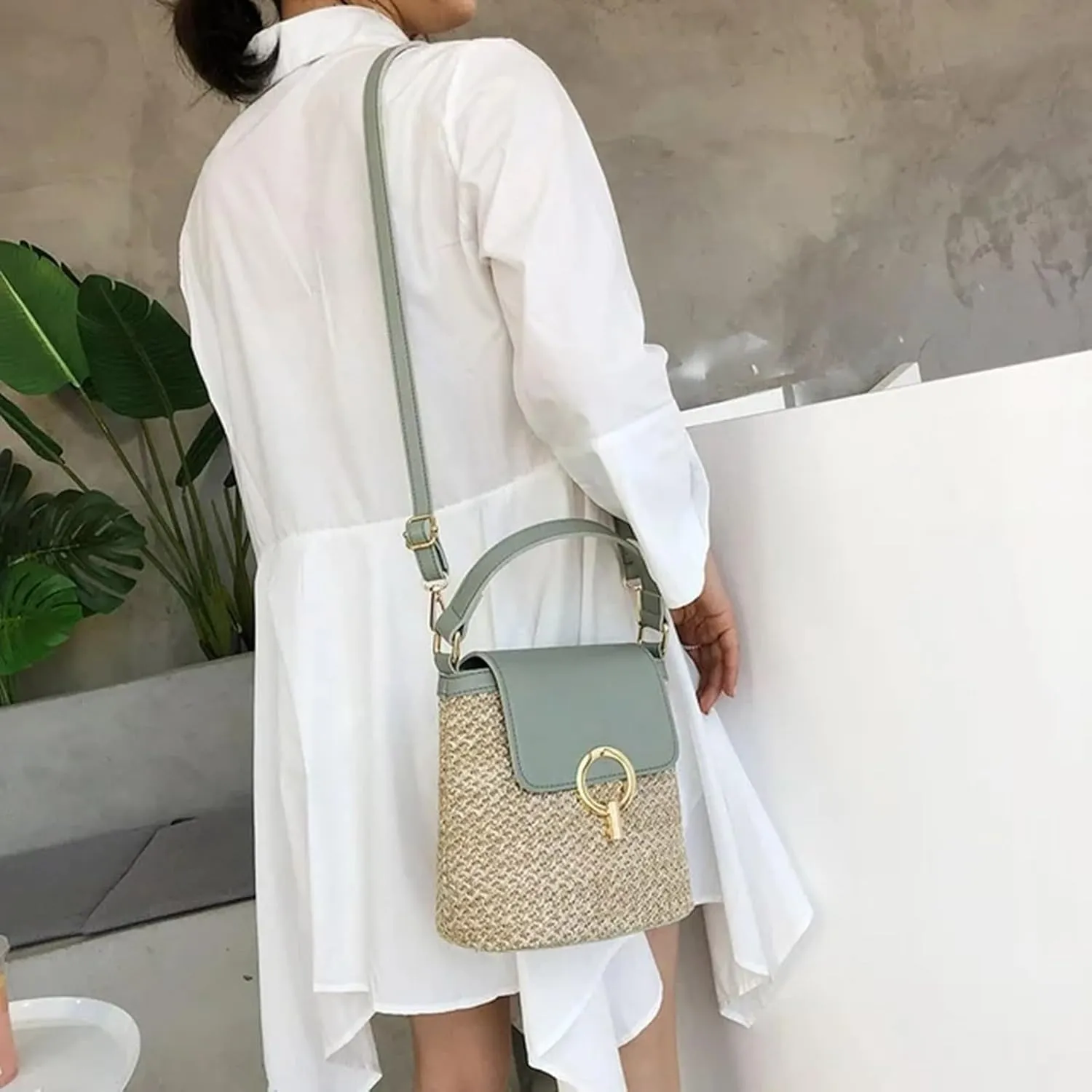 Straw Weave Women Ladies Bucket Handbags Summer Beach Shoulder Bags Large Tote Bag with Pockets And (C, One Size)