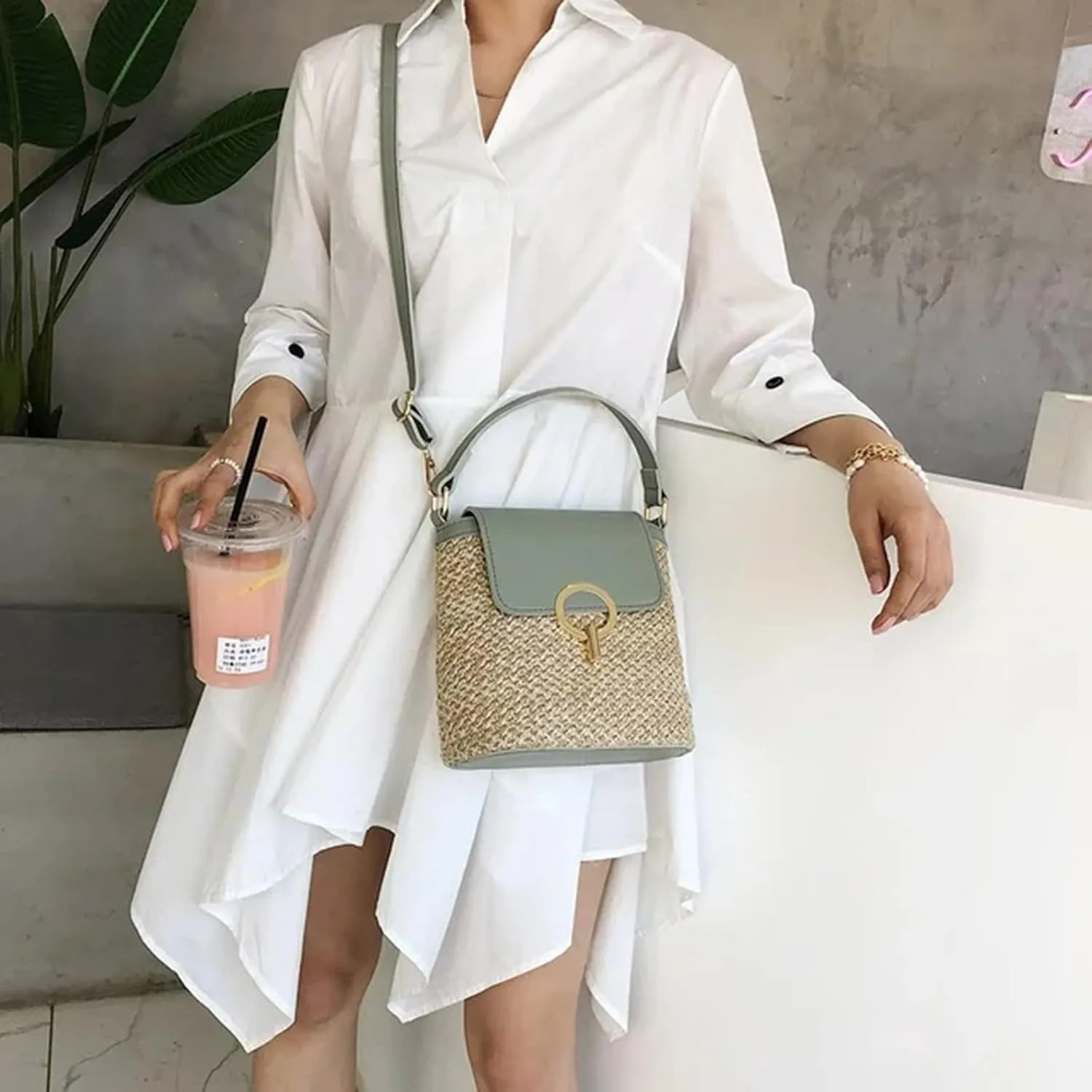 Straw Weave Women Ladies Bucket Handbags Summer Beach Shoulder Bags Large Tote Bag with Pockets And (C, One Size)