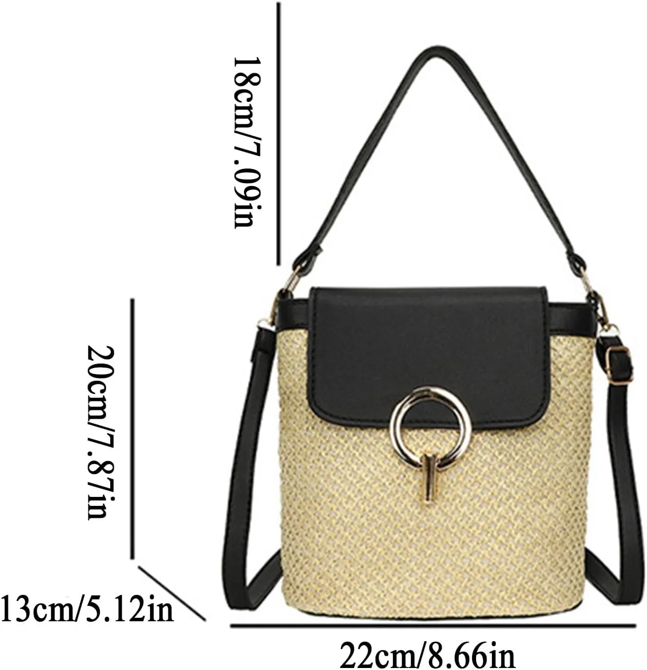 Straw Weave Women Ladies Bucket Handbags Summer Beach Shoulder Bags Large Tote Bag with Pockets And (C, One Size)
