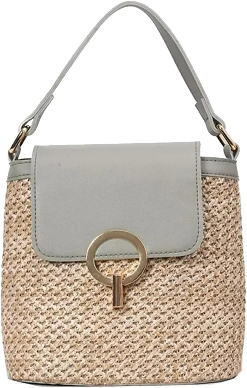 Straw Weave Women Ladies Bucket Handbags Summer Beach Shoulder Bags Large Tote Bag with Pockets And (C, One Size)