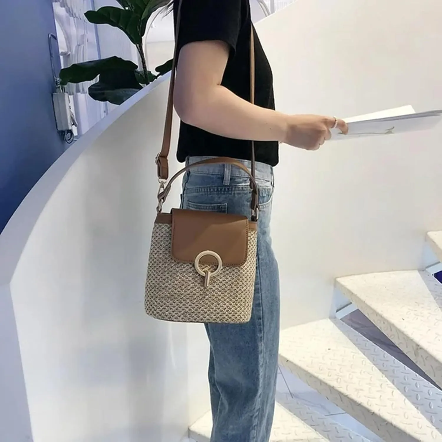 Straw Weave Women Ladies Bucket Handbags Summer Beach Shoulder Bags Large Tote Bag with Pockets And (D, One Size)