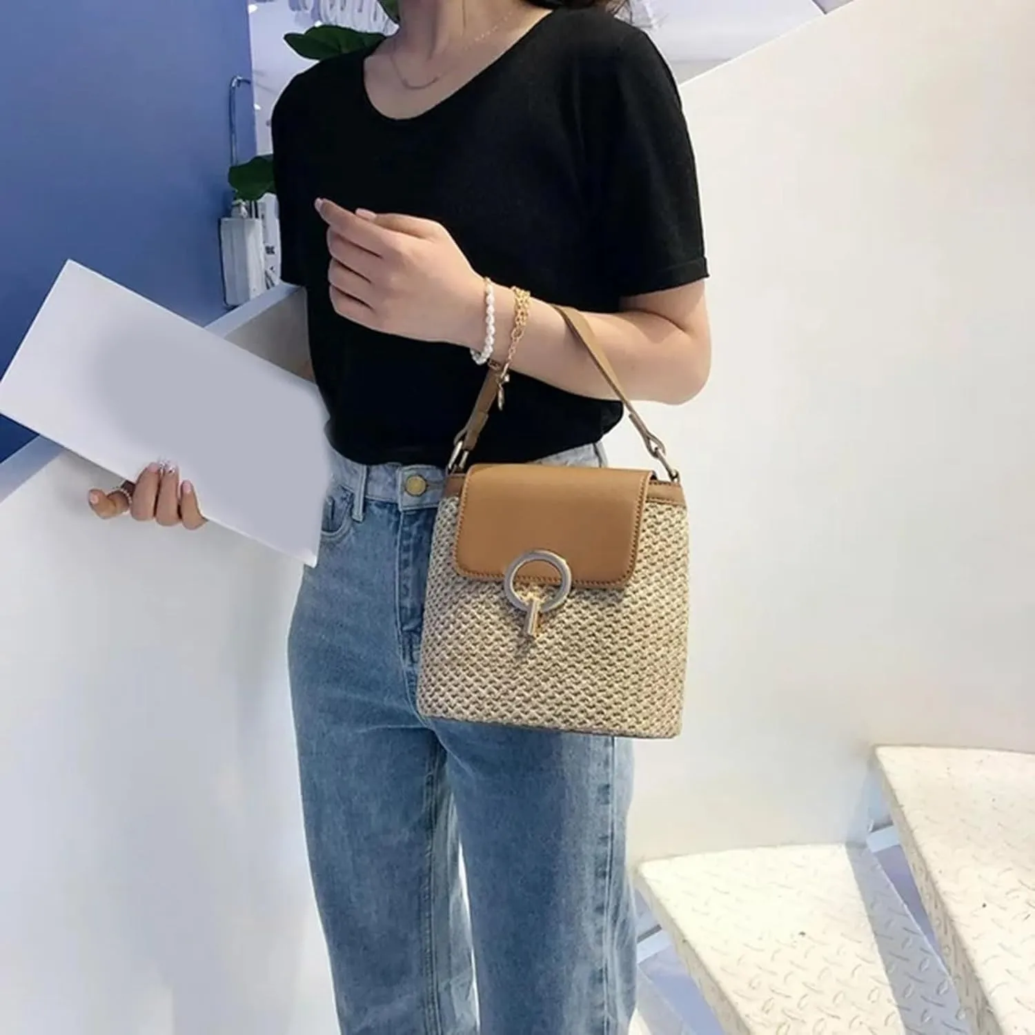 Straw Weave Women Ladies Bucket Handbags Summer Beach Shoulder Bags Large Tote Bag with Pockets And (D, One Size)