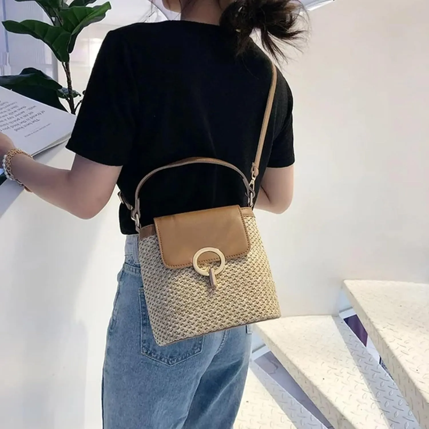 Straw Weave Women Ladies Bucket Handbags Summer Beach Shoulder Bags Large Tote Bag with Pockets And (D, One Size)