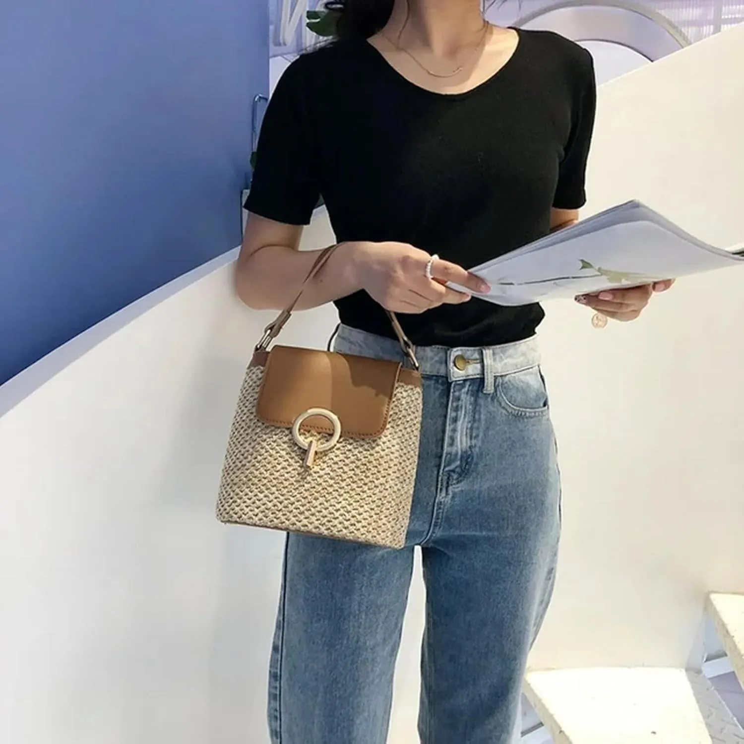 Straw Weave Women Ladies Bucket Handbags Summer Beach Shoulder Bags Large Tote Bag with Pockets And (D, One Size)