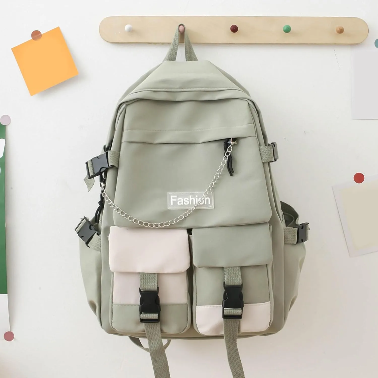 Student Backpack Fashionable New Pattern Fresh And Simple Large Capacity Zipper Lightweight Canvas (Green, One Size)
