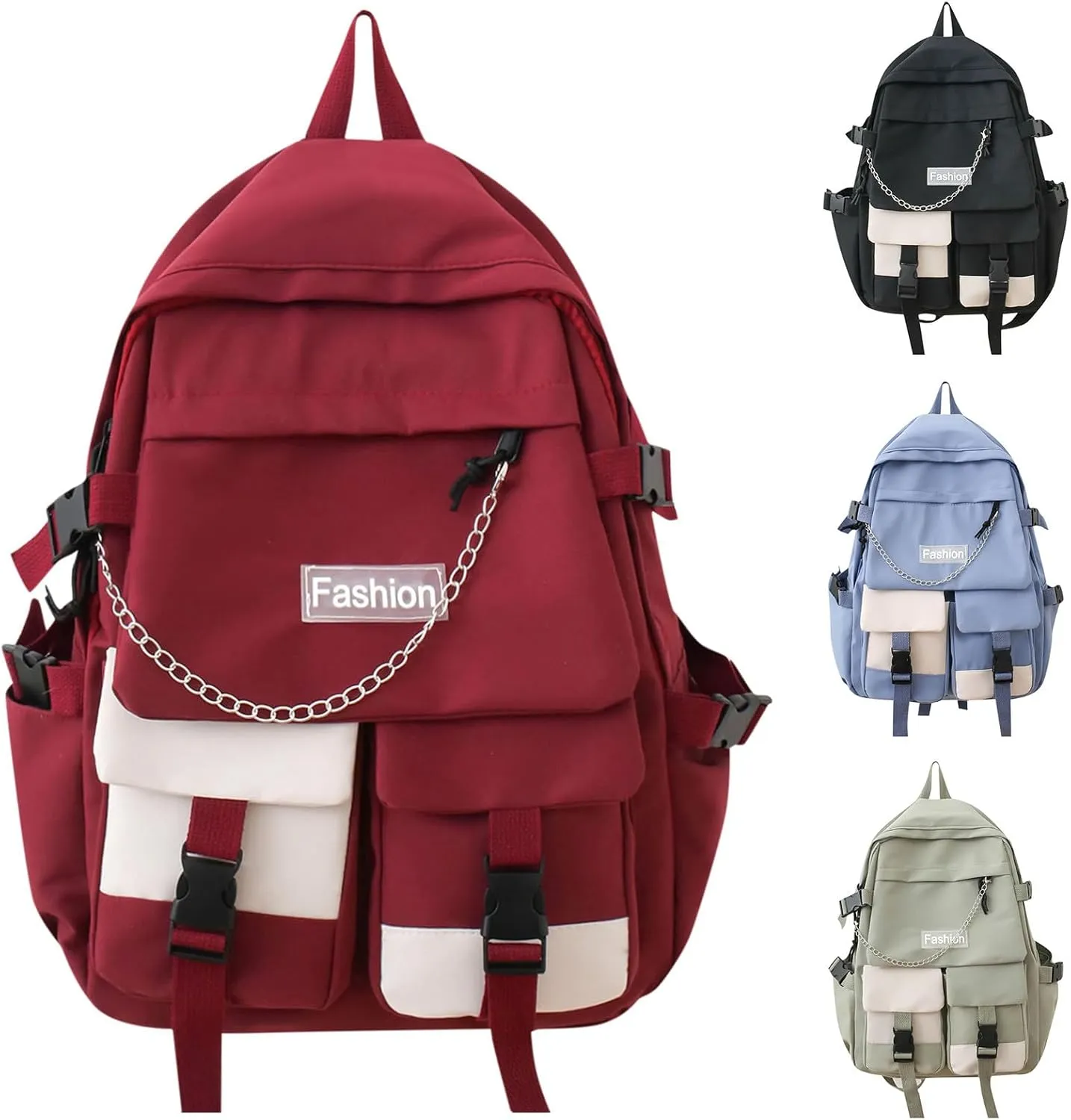 Student Backpack Fashionable New Pattern Fresh And Simple Large Capacity Zipper Lightweight Canvas Purse (Red, One Size)