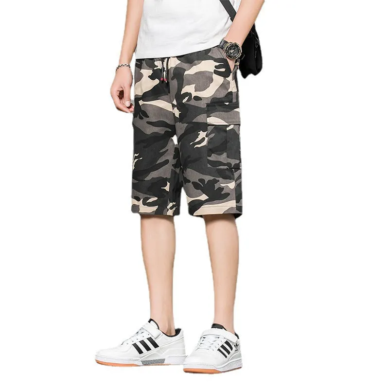 Summer Cotton Mid-Length Cargo Pants Youth Mid-Waist Straight Casual Trendy Men Camo Prints Korean Bermuda Shorts