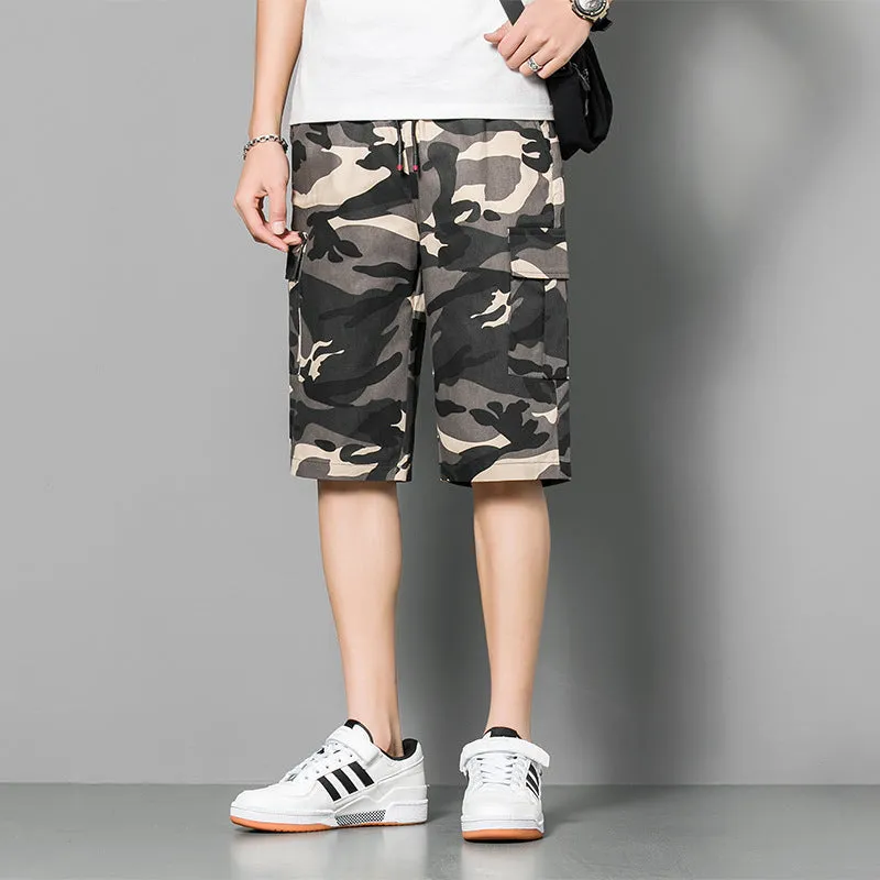 Summer Cotton Mid-Length Cargo Pants Youth Mid-Waist Straight Casual Trendy Men Camo Prints Korean Bermuda Shorts