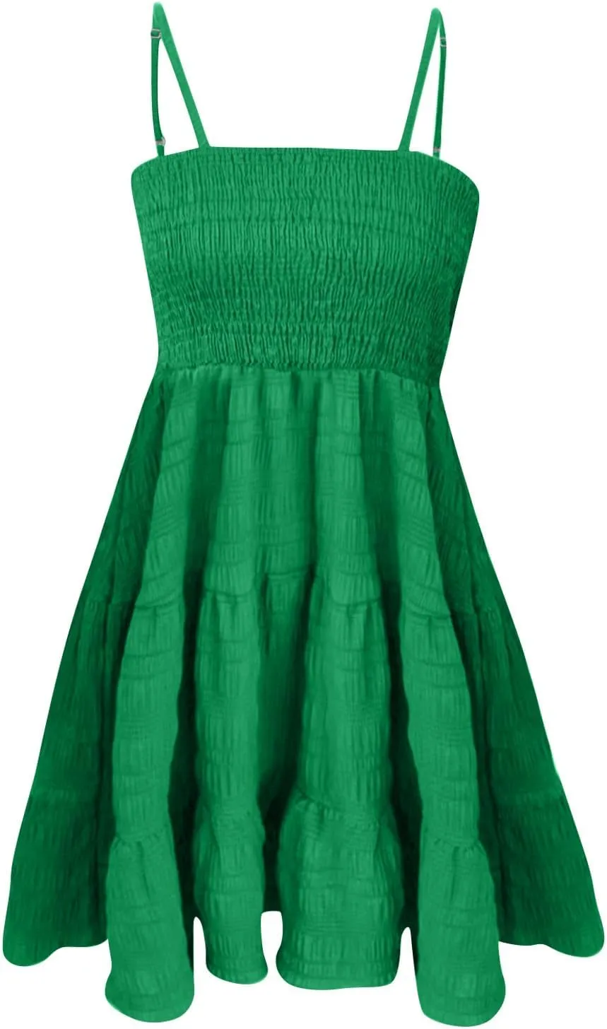 Summer Mini Sundresses for Women 2025 Sleeveless Smocked Spaghetti Strap Dresses Flowy Backless Vacation Beach Dress