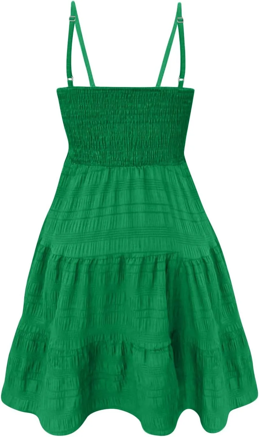 Summer Mini Sundresses for Women 2025 Sleeveless Smocked Spaghetti Strap Dresses Flowy Backless Vacation Beach Dress