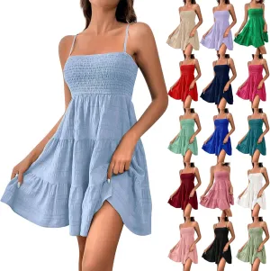Summer Mini Sundresses for Women 2025 Sleeveless Smocked Spaghetti Strap Dresses Flowy Backless Vacation Beach Dress