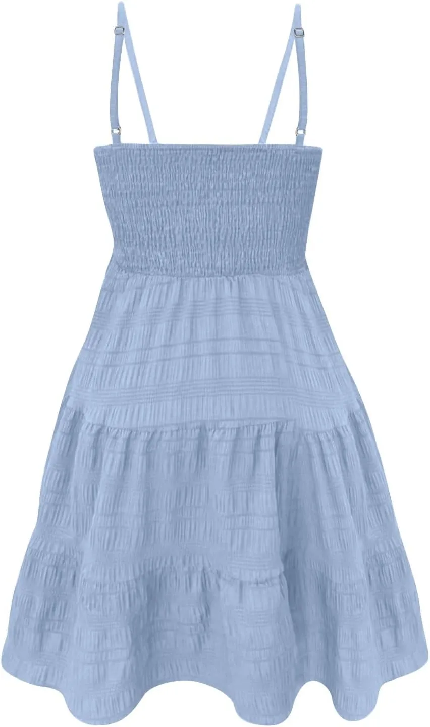 Summer Mini Sundresses for Women 2025 Sleeveless Smocked Spaghetti Strap Dresses Flowy Backless Vacation Beach Dress