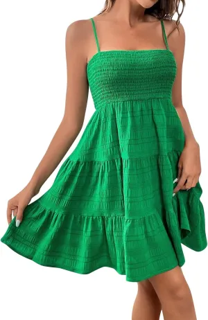 Summer Mini Sundresses for Women 2025 Sleeveless Smocked Spaghetti Strap Dresses Flowy Backless Vacation Beach Dress