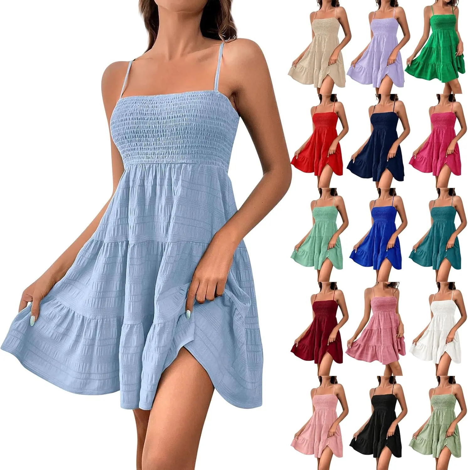 Summer Mini Sundresses for Women 2025 Sleeveless Smocked Spaghetti Strap Dresses Flowy Backless Vacation Beach Dress