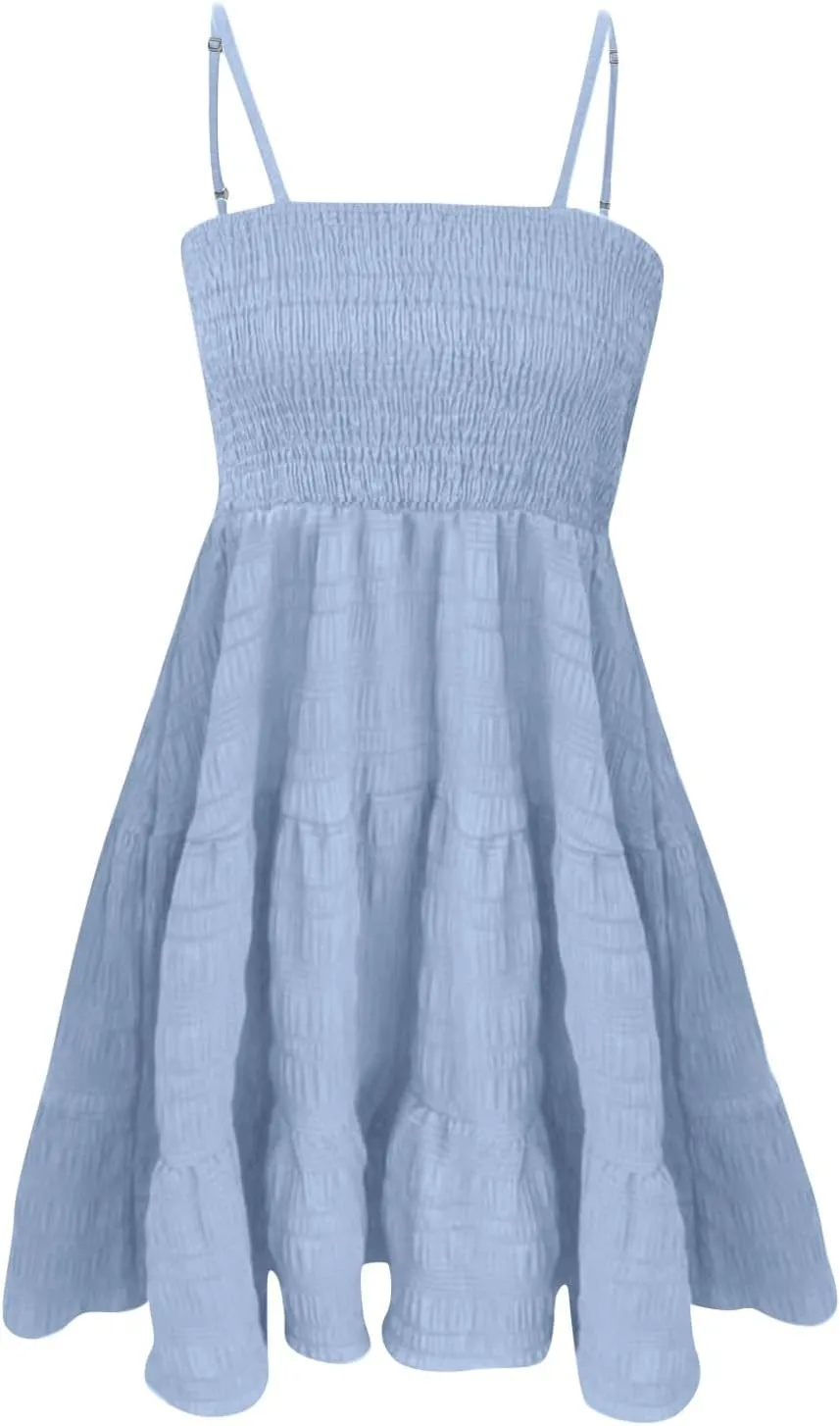 Summer Mini Sundresses for Women 2025 Sleeveless Smocked Spaghetti Strap Dresses Flowy Backless Vacation Beach Dress