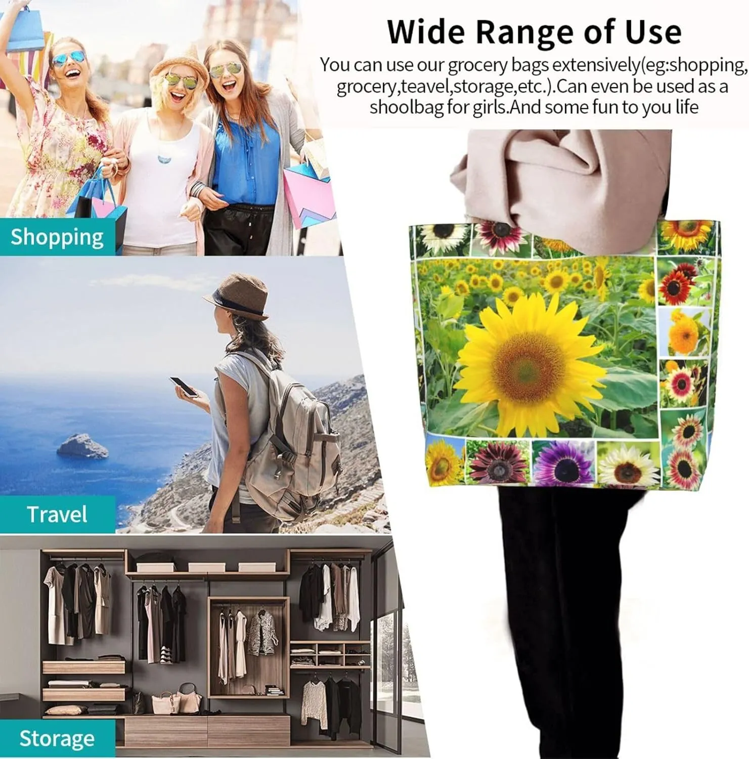 Sunflower Casual Daily Handbags Classic Style Shoulder Bags Women'S Large-Capacity Shoulder Shopping Bags Black