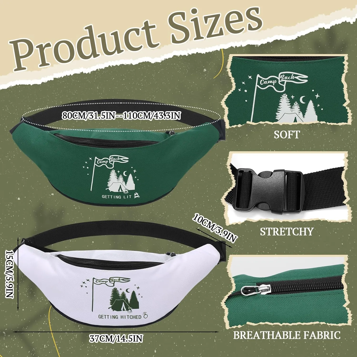 Sweetude 7 Pcs Camp Bachelorette Waist Bags Bride Bridesmaid Proposal Present Adjustable Waist Bags for Bridal Shower, White, Green, Modern Style