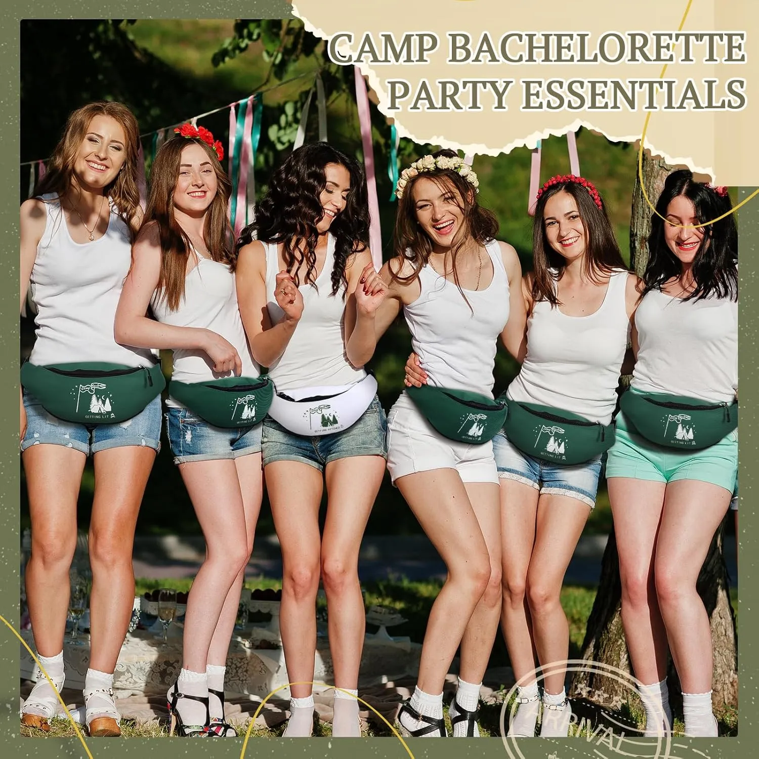 Sweetude 7 Pcs Camp Bachelorette Waist Bags Bride Bridesmaid Proposal Present Adjustable Waist Bags for Bridal Shower, White, Green, Modern Style