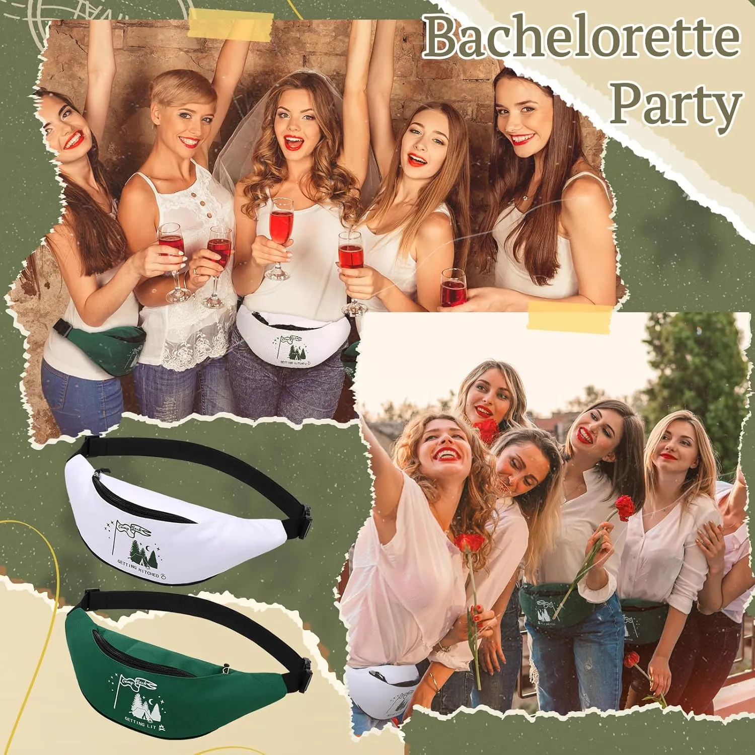 Sweetude 7 Pcs Camp Bachelorette Waist Bags Bride Bridesmaid Proposal Present Adjustable Waist Bags for Bridal Shower, White, Green, Modern Style