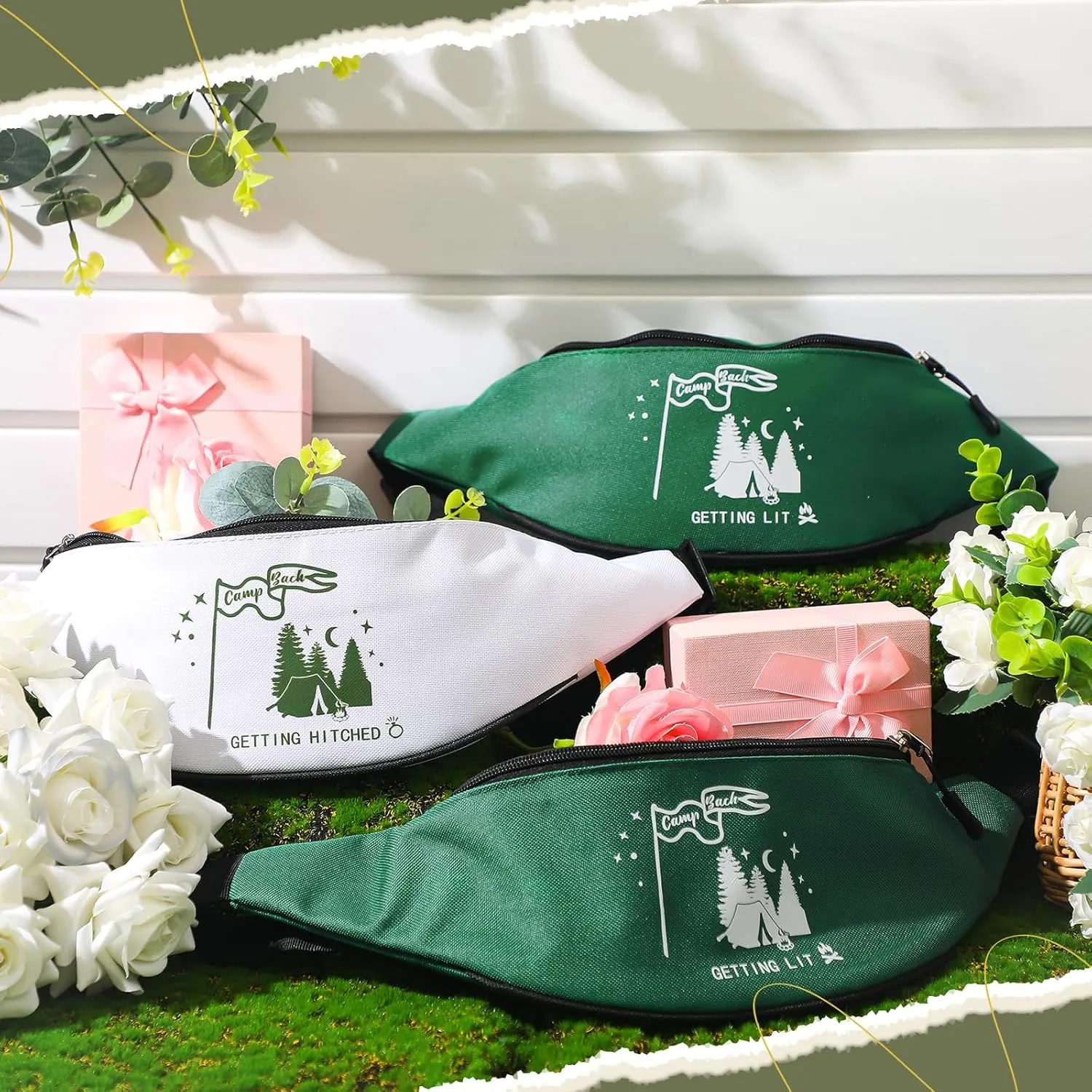 Sweetude 7 Pcs Camp Bachelorette Waist Bags Bride Bridesmaid Proposal Present Adjustable Waist Bags for Bridal Shower, White, Green, Modern Style