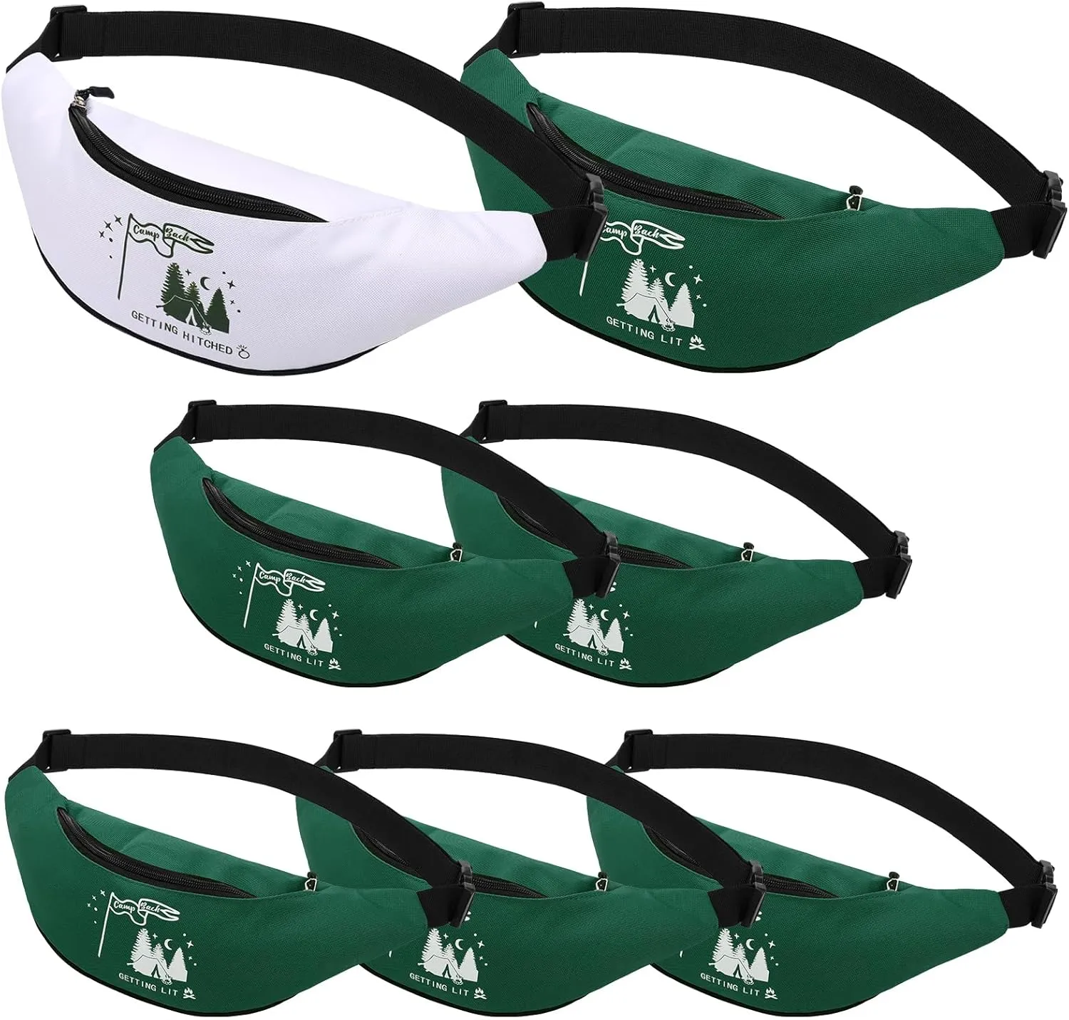 Sweetude 7 Pcs Camp Bachelorette Waist Bags Bride Bridesmaid Proposal Present Adjustable Waist Bags for Bridal Shower, White, Green, Modern Style