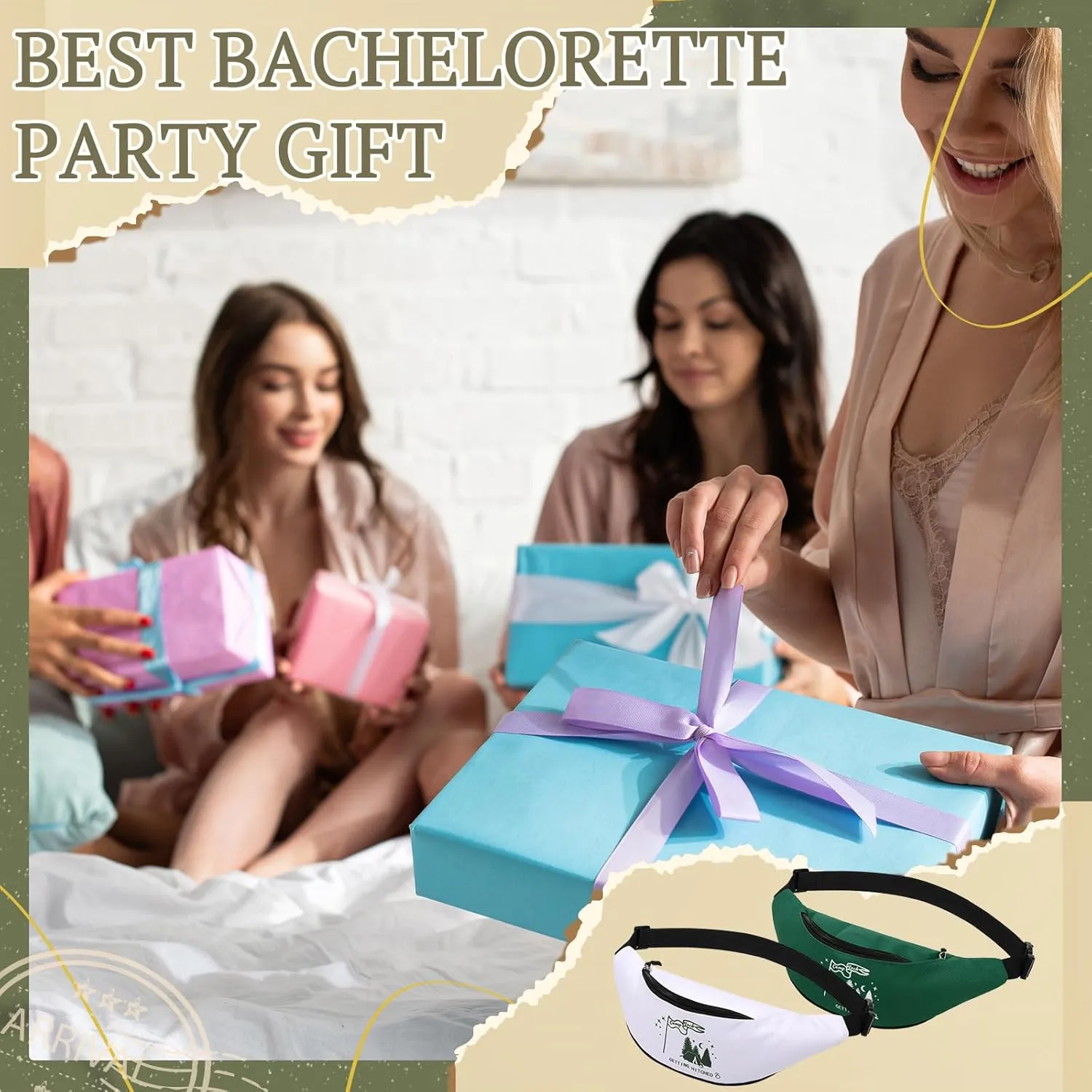 Sweetude 7 Pcs Camp Bachelorette Waist Bags Bride Bridesmaid Proposal Present Adjustable Waist Bags for Bridal Shower, White, Green, Modern Style
