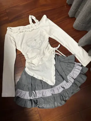 TAVIMART  -  Japanese Kawaii Two Piece Set Women Sweet Rabbit Print Cute Skirt Suit Female Korean Slim Tops＋Princess Cake Skirt 2024 Autumn
