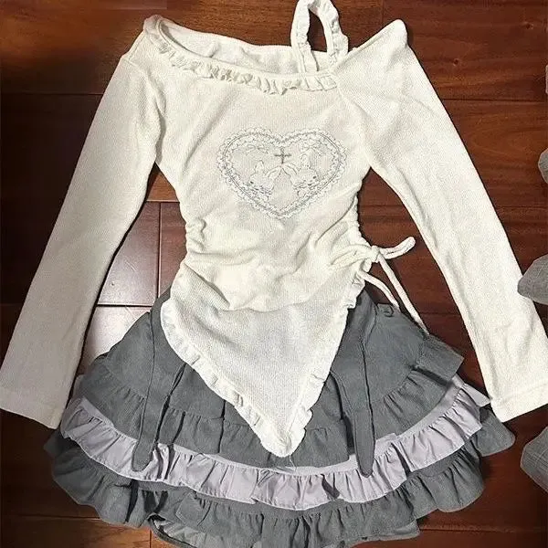 TAVIMART  -  Japanese Kawaii Two Piece Set Women Sweet Rabbit Print Cute Skirt Suit Female Korean Slim Tops＋Princess Cake Skirt 2024 Autumn