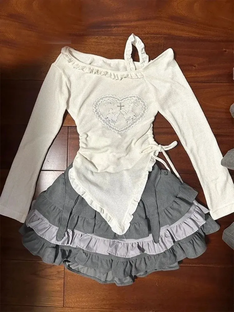 TAVIMART  -  Japanese Kawaii Two Piece Set Women Sweet Rabbit Print Cute Skirt Suit Female Korean Slim Tops＋Princess Cake Skirt 2024 Autumn