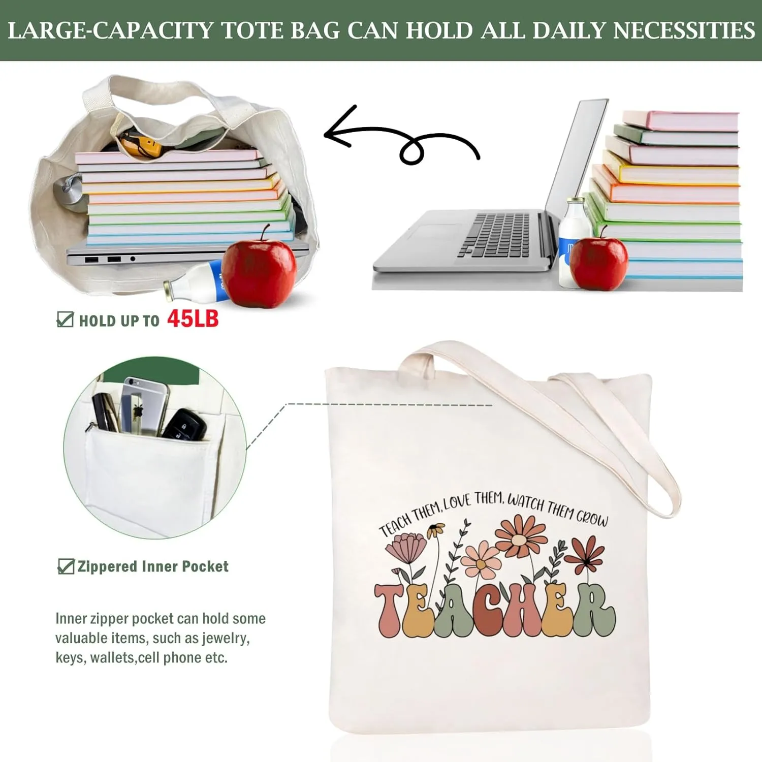 Teacher Appreciation Gifts Canvas Tote Bags Aesthetic for Women Cloth Cotton Bags Travel Bag Reusable Grocery Shopping Bag