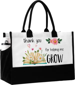 Teacher Tote Bag, Teacher's Day Appreciation Gifts for Women, Thank You Teachers Tote Bags with Pockets, Floral Reusable Beach Bag Birthday Gift for Travel Shopping - C05