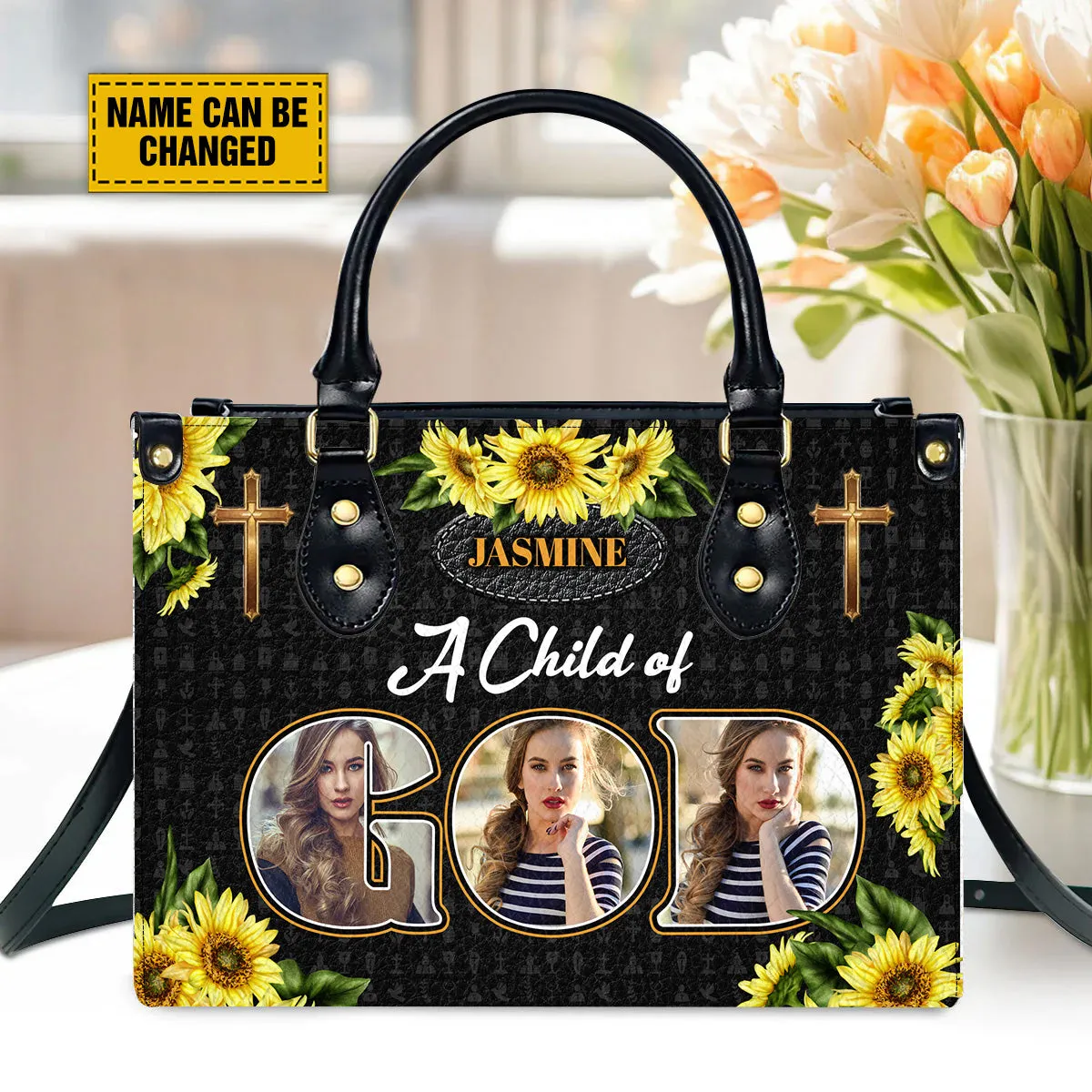 Teesdily | Customized Sunflower Jesus Cross Leather Handbag, Christian Leather Handbag A Child Of God, Jesus Lovers Gift