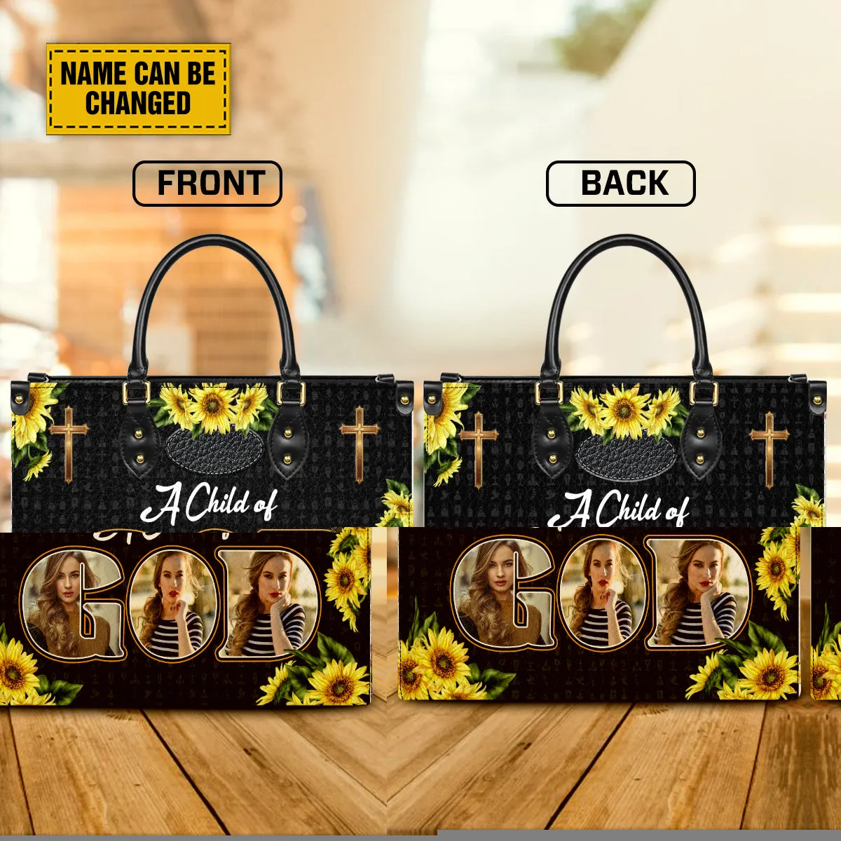 Teesdily | Customized Sunflower Jesus Cross Leather Handbag, Christian Leather Handbag A Child Of God, Jesus Lovers Gift