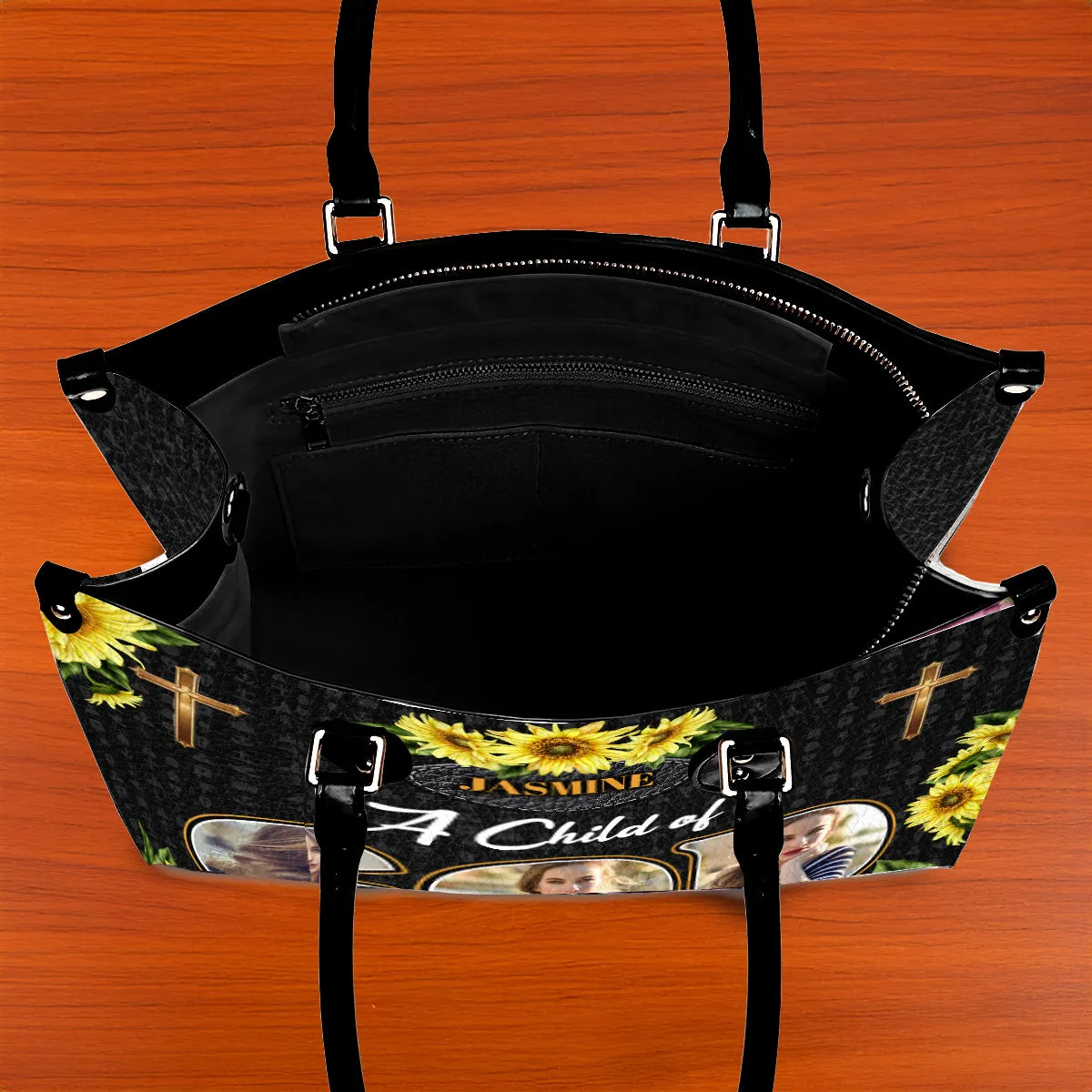 Teesdily | Customized Sunflower Jesus Cross Leather Handbag, Christian Leather Handbag A Child Of God, Jesus Lovers Gift
