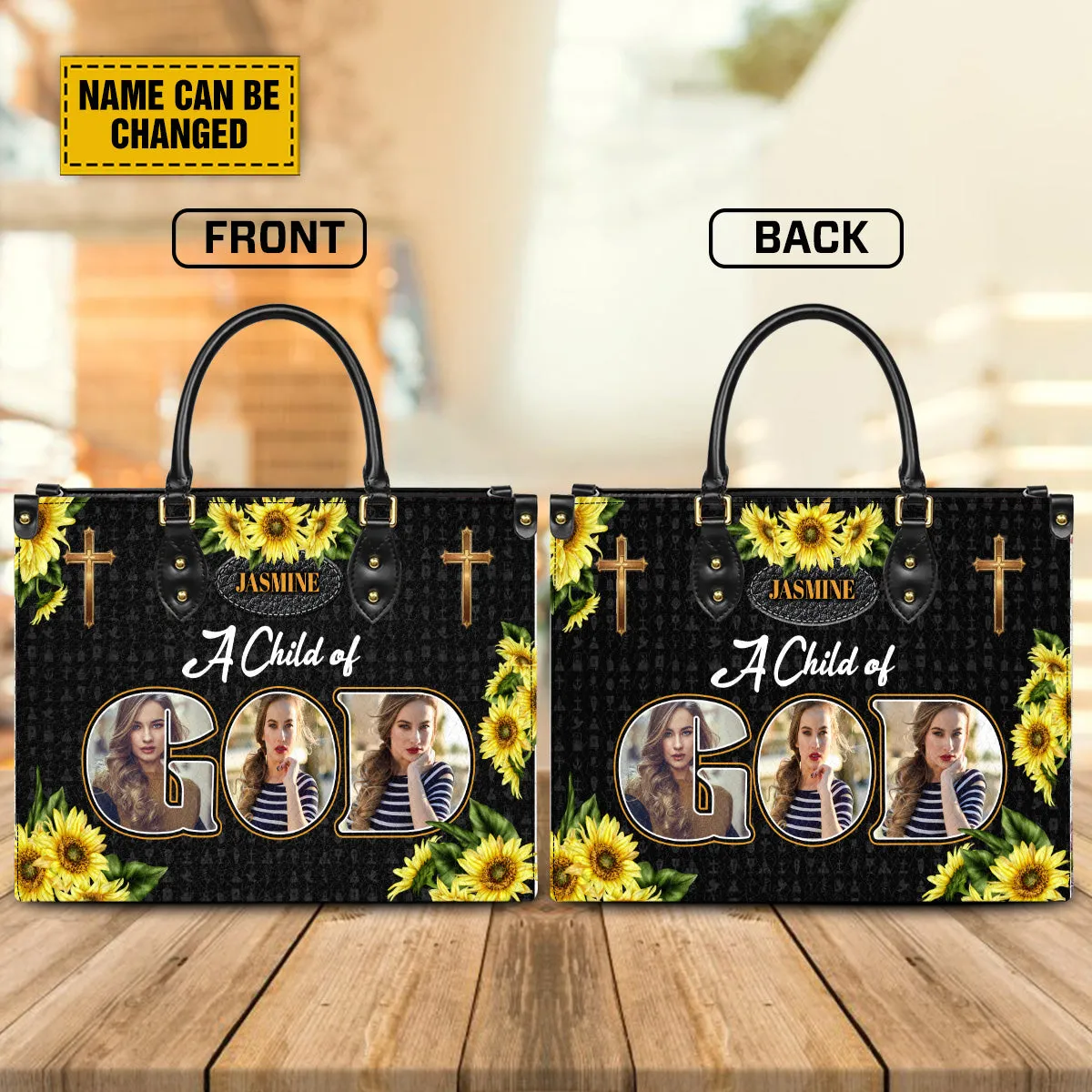 Teesdily | Customized Sunflower Jesus Cross Leather Handbag, Christian Leather Handbag A Child Of God, Jesus Lovers Gift