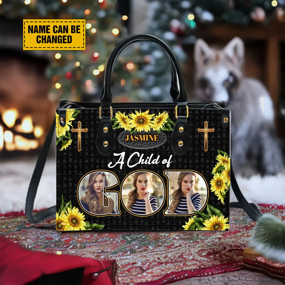 Teesdily | Customized Sunflower Jesus Cross Leather Handbag, Christian Leather Handbag A Child Of God, Jesus Lovers Gift