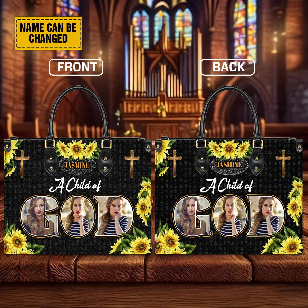 Teesdily | Customized Sunflower Jesus Cross Leather Handbag, Christian Leather Handbag A Child Of God, Jesus Lovers Gift