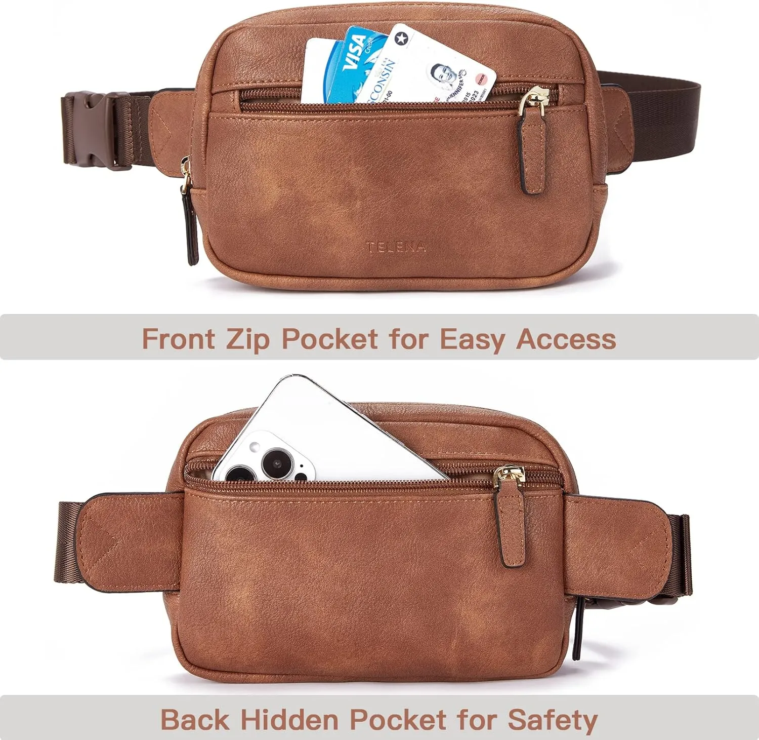 Telena Belt Bag for Women PU Leather Fanny Pack Crossbody Waist Bags with Adjustable Strap Brown