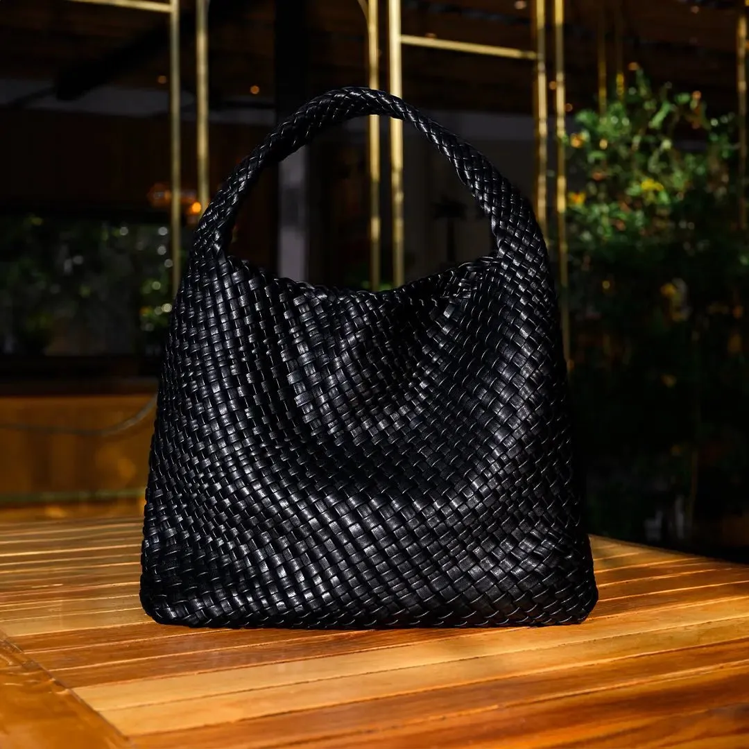 The Charlotte | Elegant & Spacious Leather-Woven Bucket  Shoulder Bag